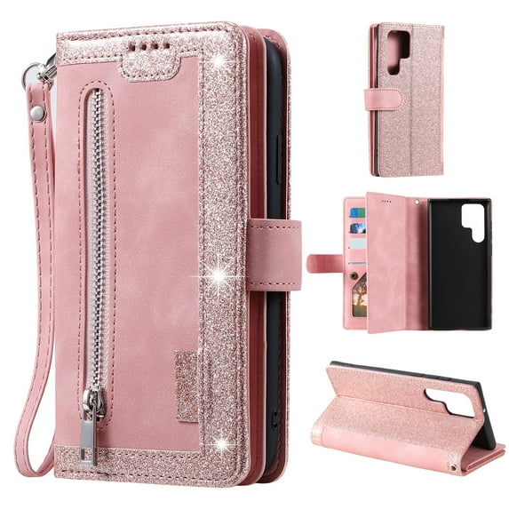 Nalacover Zipper Wallet Case For Samsung Galaxy S22 Ultra,360 Protection Luxury PU Leather Flip 9 Card Slots and 2 Cash Pockets Holder Magnetic Shockproof Cover with Detachable Wrist Strap,Rosegold