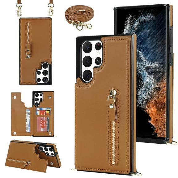 Nalacover Zipper Wallet Case for Samsung Galaxy S22 Ultra, Luxury PU Leather Crossbody Lanyard Shoulder Strap Magnetic RFID Blocking Cover with Kickstand Card Slots Holder Shockproof Case,Brown