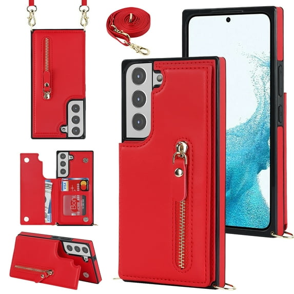 Nalacover Zipper Wallet Case for Samsung Galaxy S23, Luxury PU Leather Crossbody Lanyard Shoulder Strap Magnetic RFID Blocking Cover with Kickstand Card Slots Holder Shockproof Case,Red