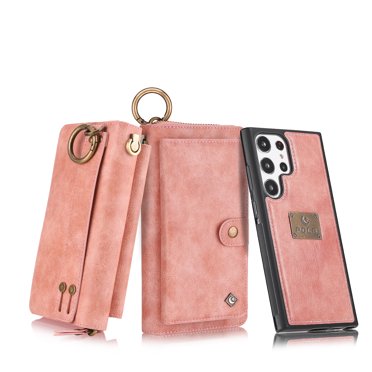 Nalacover Zipper Wallet Case for Samsung Galaxy S23 Plus, 2 in 1 Design Luxury PU Leather Soft Silicone Wrist Strap Handbag Flip Cover with Card Slots Holder Hand Rope Buckle Magnetic Case,Pink