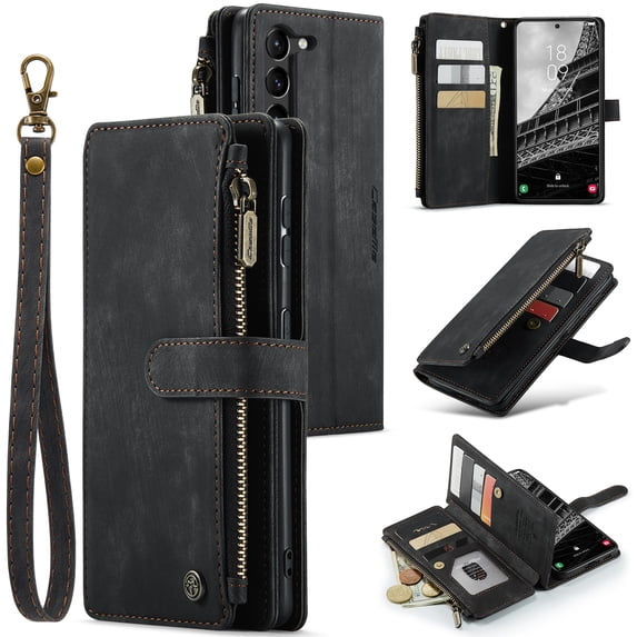 Nalacover Zipper Wallet Case for Samsung Galaxy S23 Plus, Premium PU Leather Wrist Hand Strap Card Slots Holder Flip Folio Cover with Magnetic Suction Kickstand Large Capacity Shockproof Case,Black
