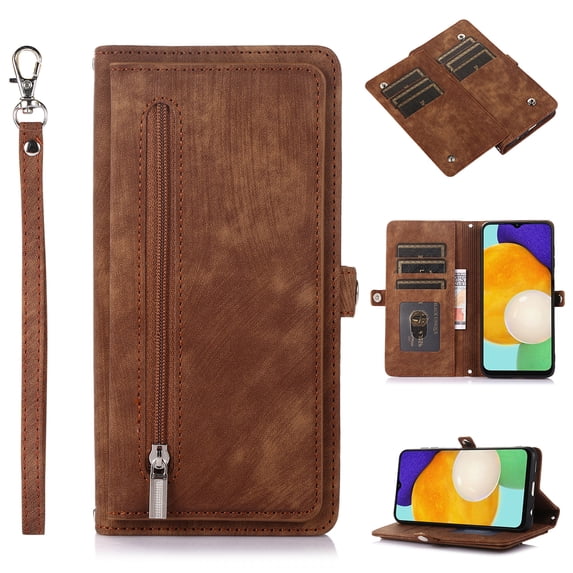 Nalacover Zipper Wallet Case for Samsung Galaxy S23 Plus, Wrist Hand Strap Lanyard Crossbody Premium PU Leather + Soft TPU Magnetic Buckle Flip Cover with Card Slots Holder Kickstand Case, Brown