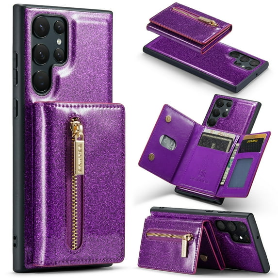 Nalacover Zipper Wallet Case for Samsung Galaxy S23 Ultra with Card Slots Holder Magnetic Kickstand, 2 in 1 Design Luxury Shining PU Leather Shockproof Anti-Scratch Cover,Darkpurple
