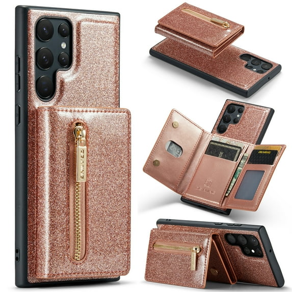 Nalacover Zipper Wallet Case for Samsung Galaxy S23 Ultra with Card Slots Holder Magnetic Kickstand, 2 in 1 Design Luxury Shining PU Leather Shockproof Anti-Scratch Cover,Rosegold
