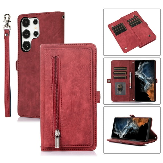 Nalacover Zipper Wallet Case for Samsung Galaxy S24 Ultra, Crossbody Purse Case with Card Holder Lanyard Wrist Hand Strap, Premium PU Leather Flip Kickstand Shockproof Magnetic Buckle Cover, Red