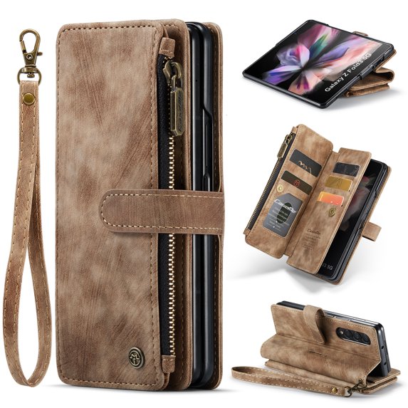 Nalacover Zipper Wallet Case for Samsung Galaxy Z Fold3, Premium PU Leather Wrist Hand Strap Card Slots Holder Flip Folio Cover with Magnetic Suction Kickstand Large Capacity Shockproof Case, Brown