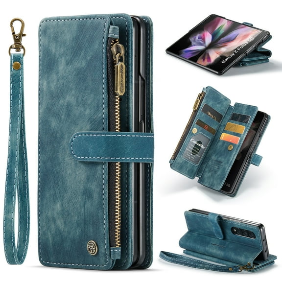 Nalacover Zipper Wallet Case for Samsung Galaxy Z Fold3, Premium PU Leather Wrist Hand Strap Card Slots Holder Flip Folio Cover with Magnetic Suction Kickstand Large Capacity Shockproof Case, Blue