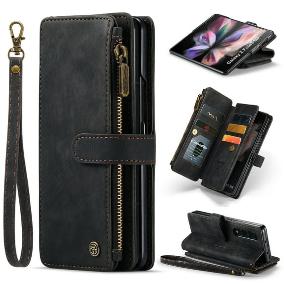 Nalacover Zipper Wallet Case for Samsung Galaxy Z Fold3, Premium PU Leather Wrist Hand Strap Card Slots Holder Flip Folio Cover with Magnetic Suction Kickstand Large Capacity Shockproof Case, Black