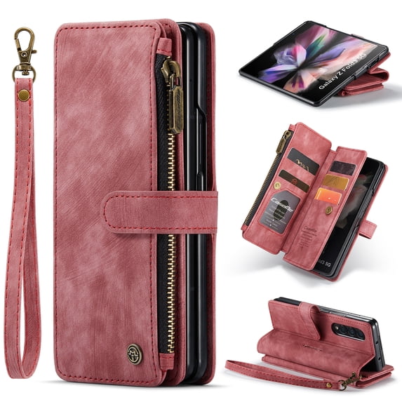 Nalacover Zipper Wallet Case for Samsung Galaxy Z Fold4, Premium PU Leather Wrist Hand Strap Card Slots Holder Flip Folio Cover with Magnetic Suction Kickstand Large Capacity Shockproof Case, Red