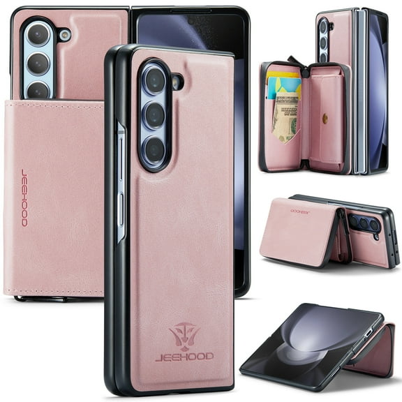 Nalacover Zipper Wallet Case for Samsung Galaxy Z Fold5, Soft Silicone Shockproof PU Leather Detachable Card Slots Holder Cash Pocket Slim Cover with Kickstand Magnetic Lens Protective Case, Pink