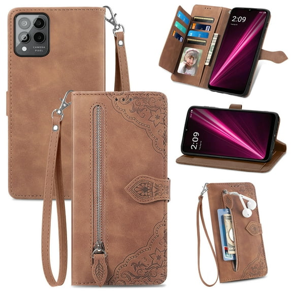 Nalacover Zipper Wallet Case for T-Mobile REVVL 6 Pro 5G/T Phone Pro 5G with Handbag Wrist Strap, Embossed Pattern Premium PU Leather Cover with Card Slots Holder Magnetic Clasp Kickstand Case, Brown