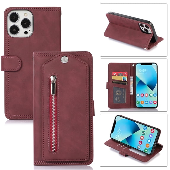 Nalacover Zipper Wallet Case for iPhone 12 Pro Max,360 Protection Luxury PU Leather&Soft TPU Magnetic Buckle Flip Card Pocket Shockproof Cover with Detachable Wrist Strap.Winered