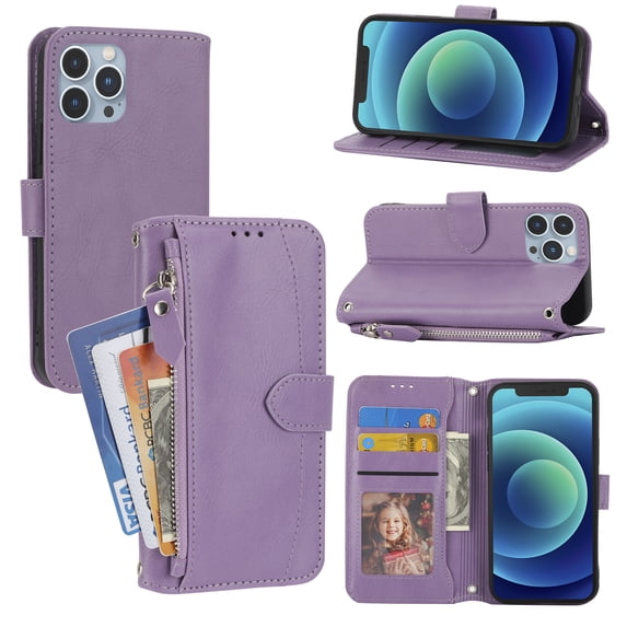 Nalacover Zipper Wallet Case for iPhone 12 Pro Max, Detachable Shoulder Strap Crossbody Luxury PU Leather Wrist Strap Handbag Magnetic Clasp Cover with Kickstand Card Slots Holder Case,Purple