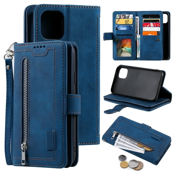 Nalacover Zipper Wallet Case For iPhone 14,360 Protection Luxury PU Leather Flip 9 Credit Card Slots and 2 Cash Pockets Holder Magnetic Shockproof Cover with Detachable Wrist Strap,Darkblue