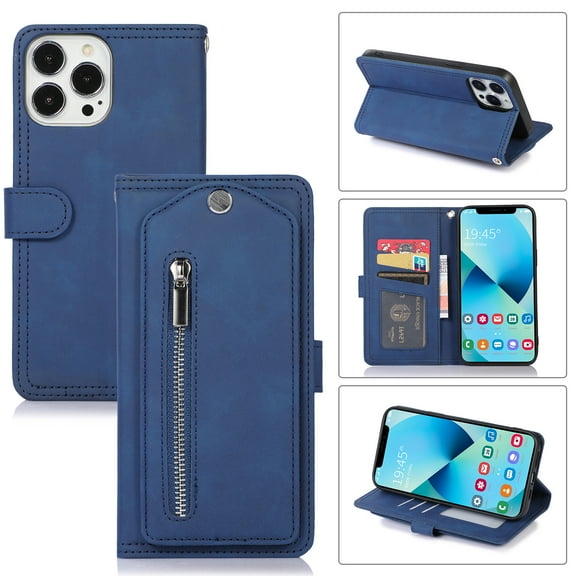 Nalacover Zipper Wallet Case for iPhone 14,360 Protection Luxury PU Leather&Soft TPU Magnetic Buckle Flip Card Pocket Shockproof Cover with Detachable Wrist Strap.For iPhone 14,Blue