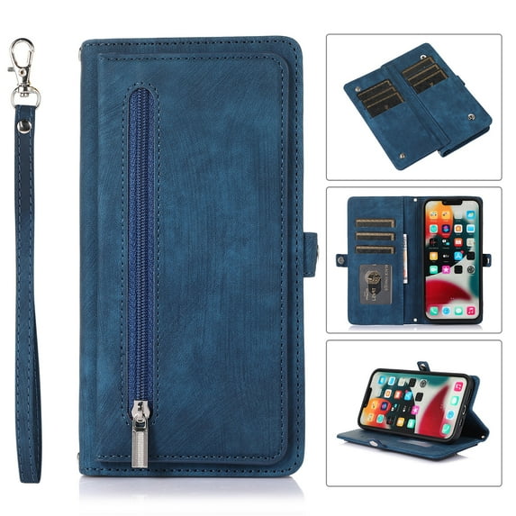 Nalacover Zipper Wallet Case for iPhone 14, Crossbody Purse Case with Card Holder Lanyard Wrist Hand Strap, Premium PU Leather Flip Kickstand Shockproof Magnetic Buckle Cover, Blue