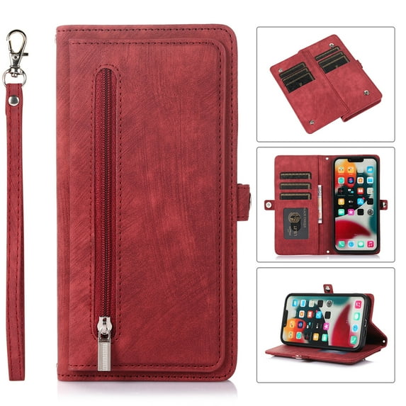 Nalacover Zipper Wallet Case for iPhone 14, Crossbody Purse Case with Card Holder Lanyard Wrist Hand Strap, Premium PU Leather Flip Kickstand Shockproof Magnetic Buckle Cover, Red