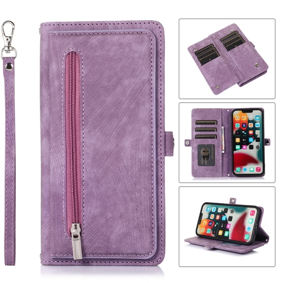 Nalacover Zipper Wallet Case for iPhone 14, Crossbody Purse Case with Card Holder Lanyard Wrist Hand Strap, Premium PU Leather Flip Kickstand Shockproof Magnetic Buckle Cover, Purple