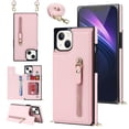 thumbnail image 1 of Nalacover Zipper Wallet Case for iPhone 14, Luxury PU Leather Crossbody Lanyard Shoulder Strap Magnetic RFID Blocking Cover with Kickstand Card Slots Holder Shockproof Case, Pink, 1 of 11