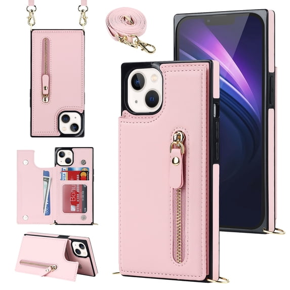 Nalacover Zipper Wallet Case for iPhone 14 Plus, Luxury PU Leather Crossbody Lanyard Shoulder Strap Magnetic RFID Blocking Cover with Kickstand Card Slots Holder Shockproof Case, Pink