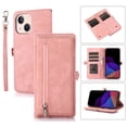 thumbnail image 1 of Nalacover Zipper Wallet Case for iPhone 14 Plus, Wrist Hand Strap Lanyard Crossbody Premium PU Leather + Soft TPU Magnetic Buckle Flip Cover with Card Slots Holder Kickstand Case, Rosegold, 1 of 7