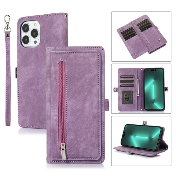 Nalacover Zipper Wallet Case for iPhone 14 Pro, Crossbody Purse Case with Card Holder Lanyard Wrist Hand Strap, Premium PU Leather Flip Kickstand Shockproof Magnetic Buckle Cover, Purple