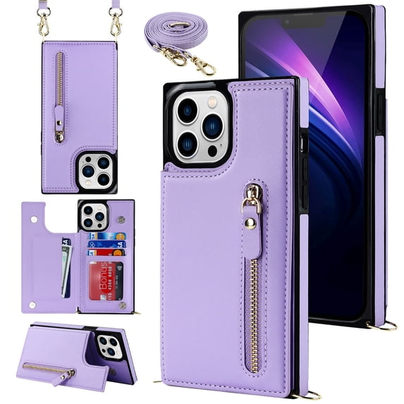 Nalacover Zipper Wallet Case for iPhone 14 Pro, Luxury PU Leather Crossbody Lanyard Shoulder Strap Magnetic RFID Blocking Cover with Kickstand Card Slots Holder Shockproof Case, Purple
