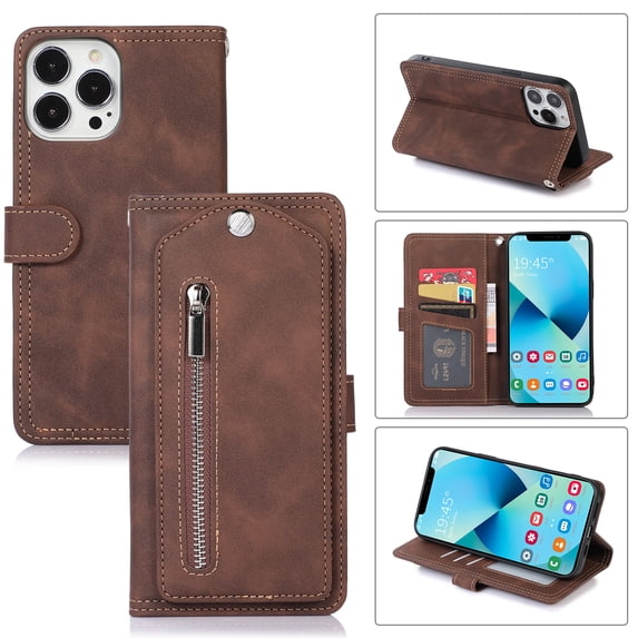 Nalacover Zipper Wallet Case for iPhone 14 Pro Max,360 Protection Luxury PU Leather&Soft TPU Magnetic Buckle Flip Card Pocket Shockproof Cover with Detachable Wrist Strap.For iPhone 14 Pro Max,Brown
