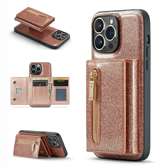 Nalacover Zipper Wallet Case for iPhone 14 Pro Max with Card Slots Holder Magnetic Kickstand, 2 in 1 Design Luxury Shining PU Leather Shockproof Anti-Scratch Cover for iPhone 14 Pro Max,Rosegold