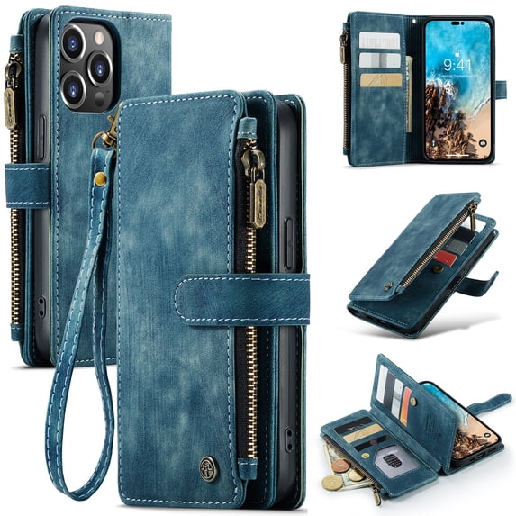 Nalacover Zipper Wallet Case for iPhone 14 Pro Max, Premium PU Leather Wrist Hand Strap Card Slots Holder Flip Folio Cover with Magnetic Suction Kickstand Large Capacity Shockproof Case,Blue