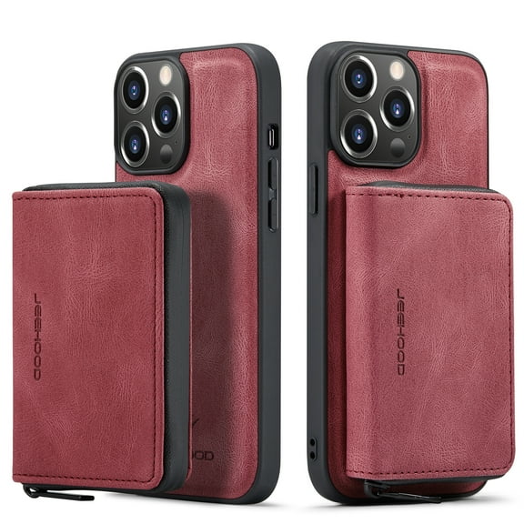 Nalacover Zipper Wallet Case for iPhone 14 Pro Max, Soft Silicone Shockproof PU Leather Detachable Card Slots Holder Cash Pocket Slim Cover with Kickstand Magnetic Lens Protective Case, Red