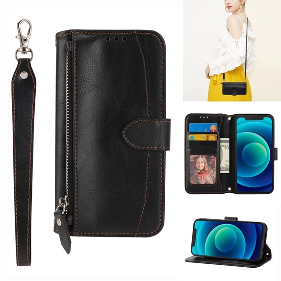 Nalacover Zipper Wallet Case for iPhone 14 Pro Max, Wrist Strap Handbag Premium PU Leather Shoulder Strap Crossbody Flip Case with Card Slots Holder Pocket Kickstand Magnetic Clasp Case,Black