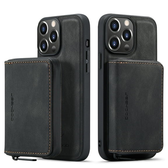 Nalacover Zipper Wallet Case for iPhone 14 Pro, Soft Silicone Shockproof PU Leather Detachable Card Slots Holder Cash Pocket Slim Cover with Kickstand Magnetic Lens Protective Case, Black