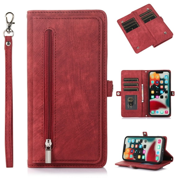 Nalacover Zipper Wallet Case for iPhone 15, Crossbody Purse Case with Card Holder Lanyard Wrist Hand Strap, Premium PU Leather Flip Kickstand Shockproof Magnetic Buckle Cover, Red