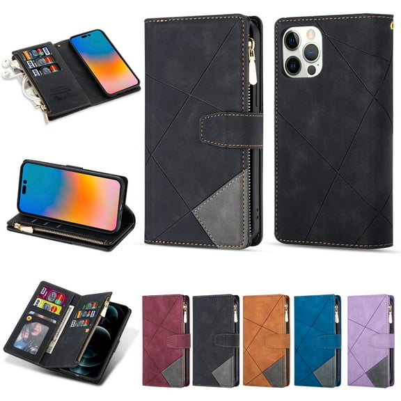 Nalacover Zipper Wallet Case for iPhone 15 Pro with [Credit Card Slots] [Zipper Pocket] Kickstand, Premium PU Leather Flip Cover with [Magnetic Clasp] Shockproof Case, Black