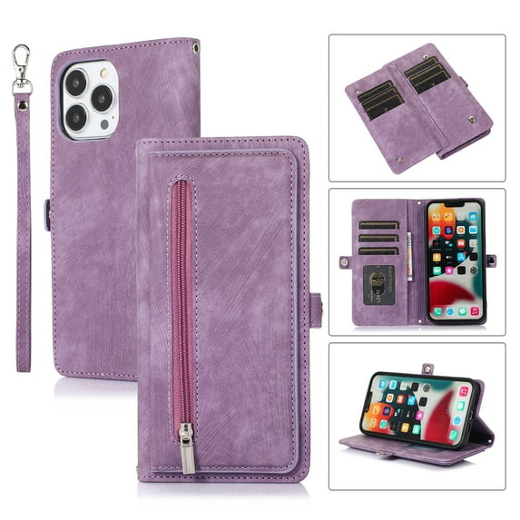 Nalacover Zipper Wallet Case for iPhone 15 Pro, Crossbody Purse Case with Card Holder Lanyard Wrist Hand Strap, Premium PU Leather Flip Kickstand Shockproof Magnetic Buckle Cover, Purple