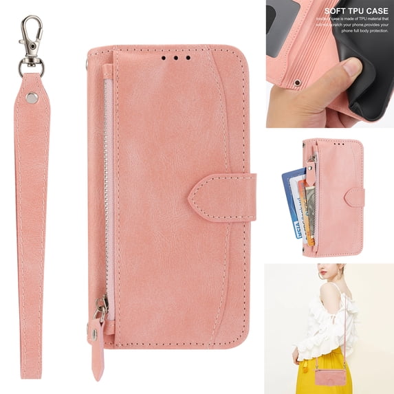 Nalacover Zipper Wallet Case for iPhone 15 Pro, Detachable Shoulder Strap Crossbody Luxury PU Leather Wrist Strap Handbag Magnetic Clasp Cover with Kickstand Card Slots Holder Case, Pink