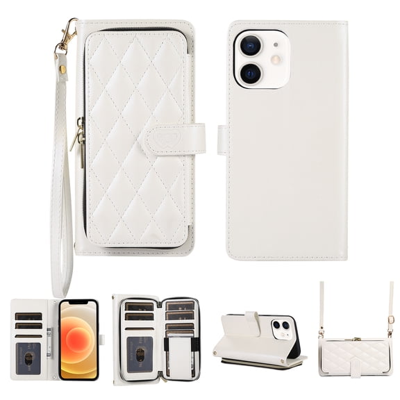 Nalacover for iPhone 11 6.1 inch Premium PU Leather Crossbody Case with Shoulder Strap & Wrist Strap,Shockproof Magnetic Flip Kickstand Credit Card Slots Zipper Wallet Phone Case,White