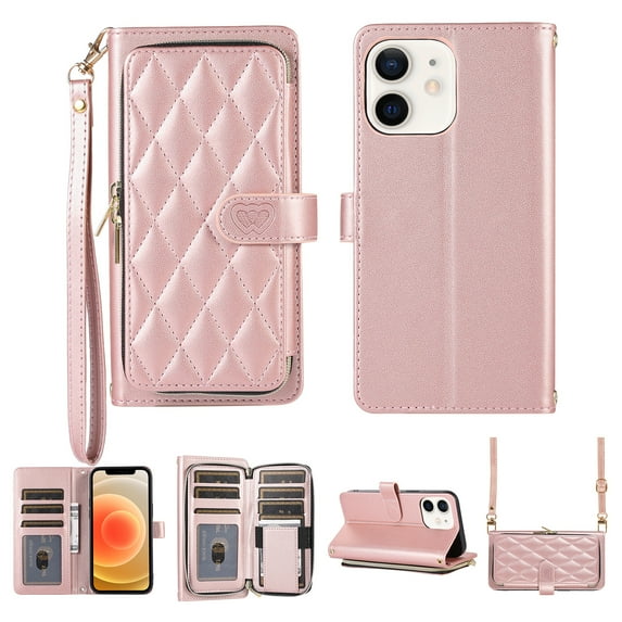 Nalacover for iPhone 11 6.1 inch Premium PU Leather Crossbody Case with Shoulder Strap & Wrist Strap,Shockproof Magnetic Flip Kickstand Credit Card Slots Zipper Wallet Phone Case,Rosegold