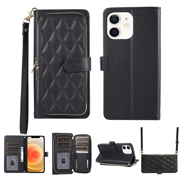 Nalacover for iPhone 11 6.1 inch Premium PU Leather Crossbody Case with Shoulder Strap & Wrist Strap,Shockproof Magnetic Flip Kickstand Credit Card Slots Zipper Wallet Phone Case,Black