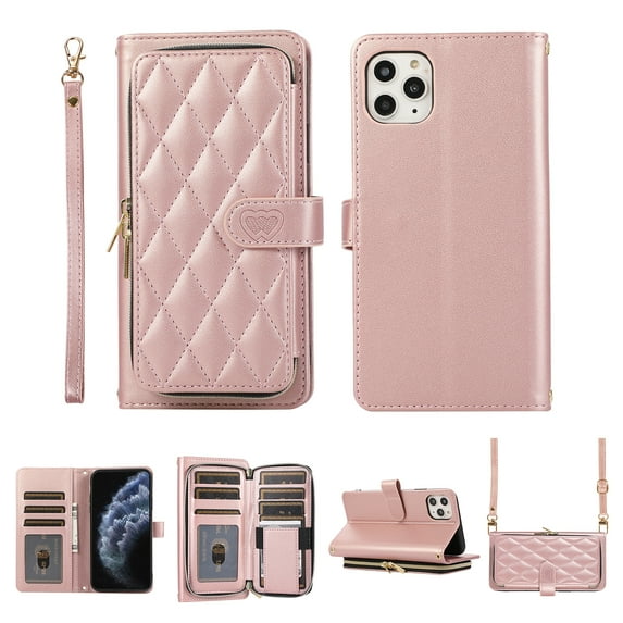 Nalacover for iPhone 11 Pro 5.8 inch Premium PU Leather Crossbody Case with Shoulder Strap & Wrist Strap,Shockproof Magnetic Flip Kickstand Credit Card Slots Zipper Wallet Phone Case,Rosegold