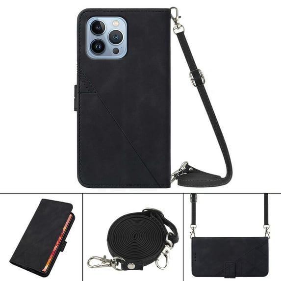 Nalacover For iPhone 11 Pro Card Slot Case,Shockproof Premium PU Leather Magnetic Clasp Flip Stand Wallet for Women Men Cover with Removable Adjustable Crossbody Shoulder Strap,Black
