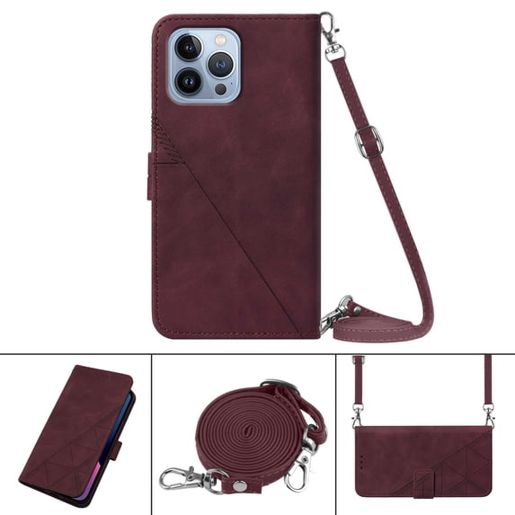 Nalacover For iPhone 11 Pro Card Slot Case,Shockproof Premium PU Leather Magnetic Clasp Flip Stand Wallet for Women Men Cover with Removable Adjustable Crossbody Shoulder Strap,Winered