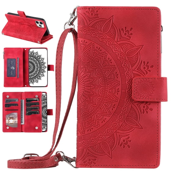 Nalacover for iPhone 11 Pro Embossed Floral Pattern PU Leather Crossbody Case with Shoulder Strap,Shockproof Magnetic Flip Kickstand Credit Card Slots Zipper Pocket Wallet Phone Case,Red