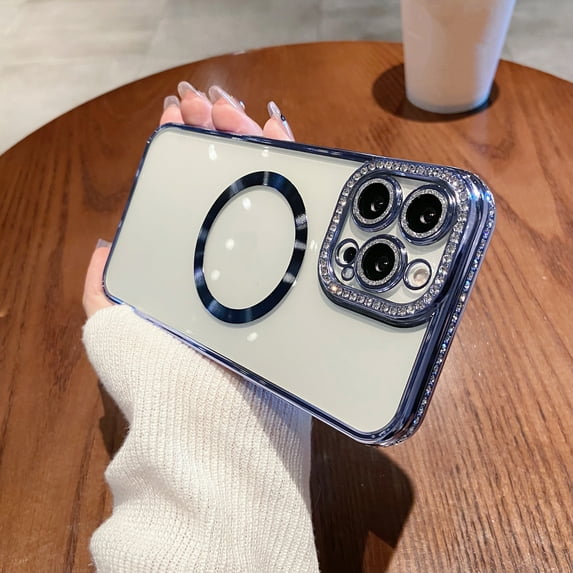 Nalacover for iPhone 11 Pro Max Clear Transparent Magnetic Case, Glitter Sparkle Rhinestone Frame Lens Protection Shockproof Cover for Women Girls, Compatible with MagSafe Wireless Charging,Blue