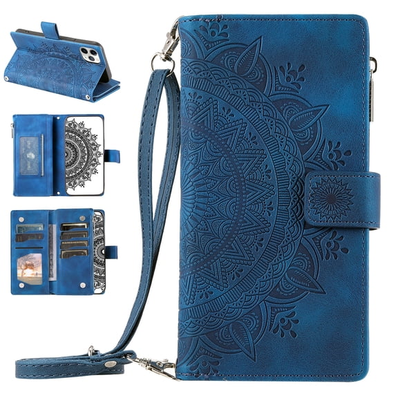 Nalacover for iPhone 11 Pro Max Embossed Floral Pattern PU Leather Crossbody Case with Shoulder Strap,Shockproof Magnetic Flip Kickstand Credit Card Slots Zipper Pocket Wallet Phone Case,Blue