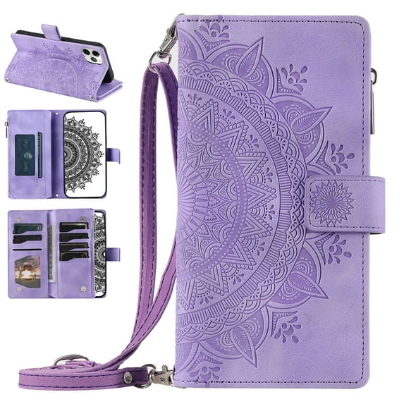 Nalacover for iPhone 11 Pro Max Embossed Floral Pattern PU Leather Crossbody Case with Shoulder Strap,Shockproof Magnetic Flip Kickstand Credit Card Slots Zipper Pocket Wallet Phone Case,Purple