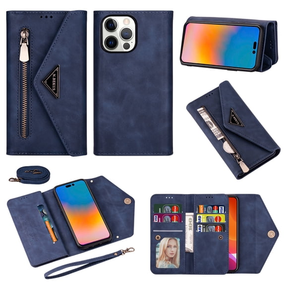 Nalacover for iPhone 11 Pro Max Wallet Case,360 Protection PU Leather and Soft TPU Magnetic Flip Folding Kickstand Card Slots Zipper Pocket Shockproof Cover with Crossbody Shoulder Strap.Blue