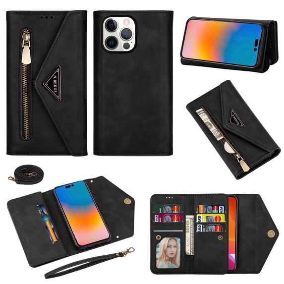 Nalacover for iPhone 11 Pro Max Wallet Case,360 Protection PU Leather and Soft TPU Magnetic Flip Folding Kickstand Card Slots Zipper Pocket Shockproof Cover with Crossbody Shoulder Strap.Black