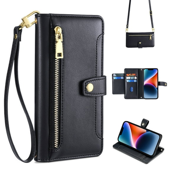 Nalacover for iPhone 11 Pro Max Wallet Case with Lanyard Crossbody & Wrist Hand Strap, 6 Card Slots Zipper Pocket PU Leather Flip Cover with Magnetic Stand Shockproof Protective Case,Black